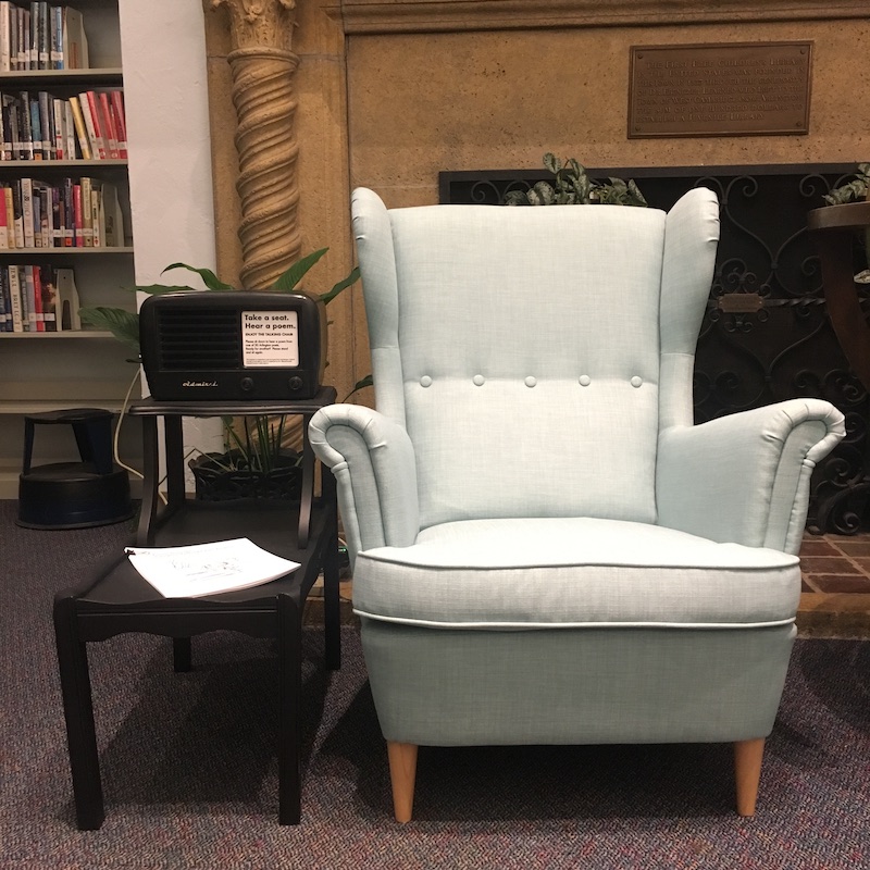 The talking chair in the fiction room at Robbins Library